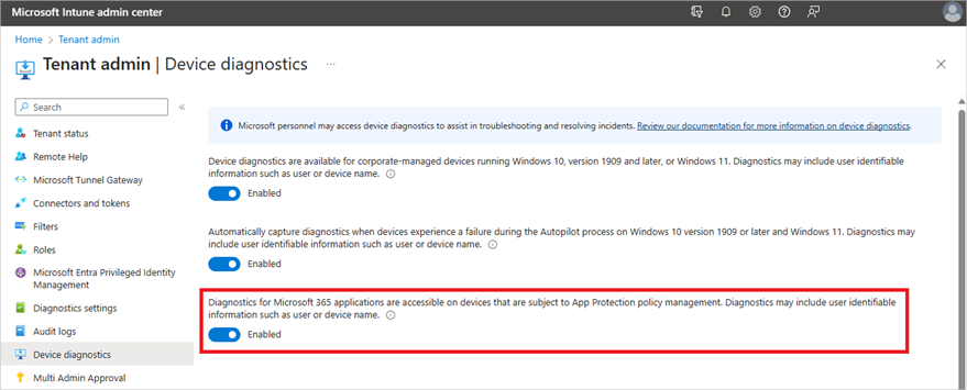 Screenshot of the Tenant Admin blade under the Device Diagnostics menu