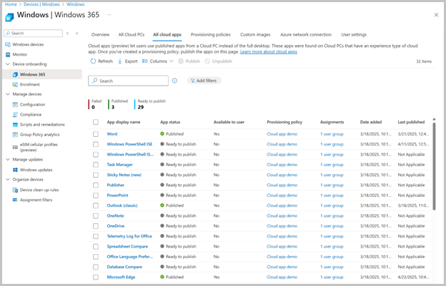 Windows 365 app streaming - View of streamable apps